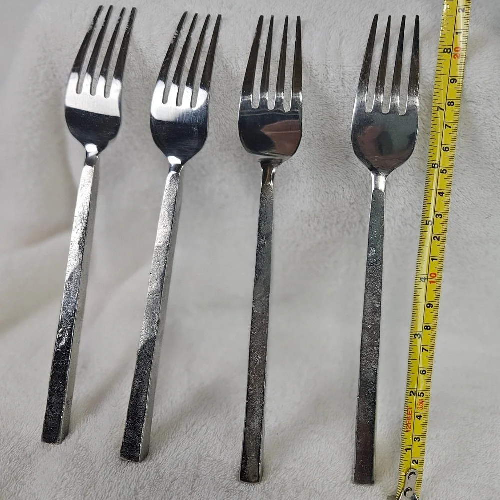 Vintage look Brutalist Textured Square Handle Stainless Steel 4 Dinner Forks 8
